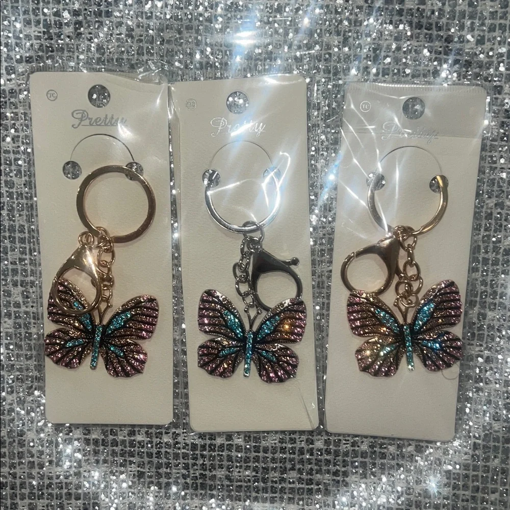 Pink & Teal Butterfly Keychain with Sparkle Rhinestones- set of 3